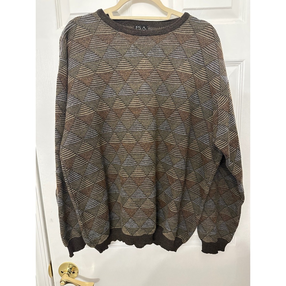 Jos. A. Bank Merino Wool Sweater Mens Large Brown Geometric Diamond Knit Vintage